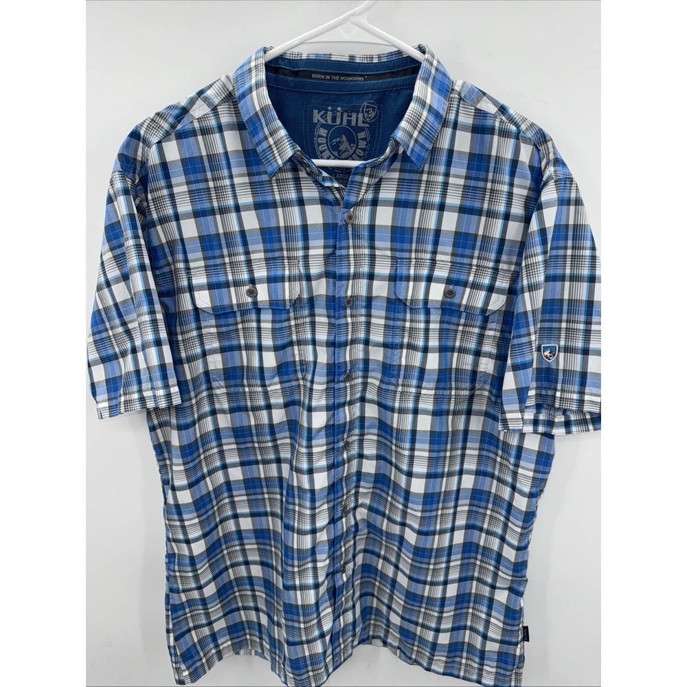 Kuhl Eluxor Shirt Mens Large Blue Plaid Short Sleeve Button Up Outdoor Hiking
